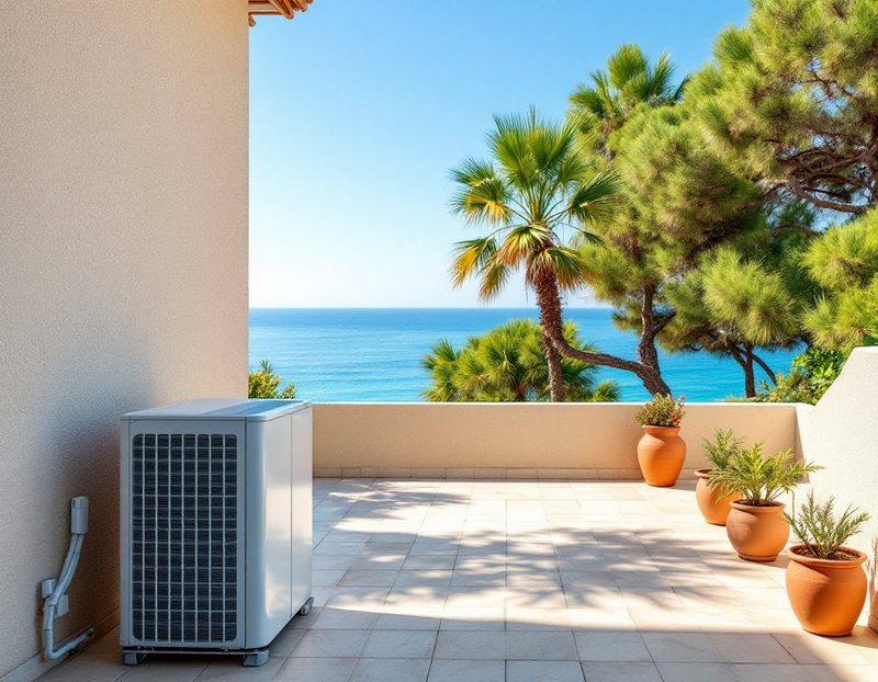 Groupe extérieur de climatisation sur une terrasse avec vue sur l'eau